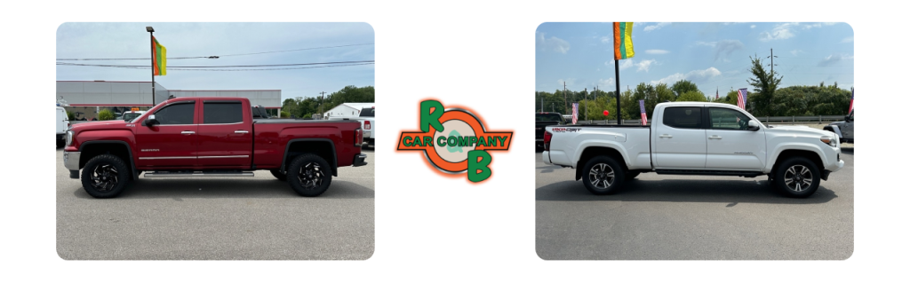 Red GMC Sierra and white Toyota Tacoma trucks available for purchase at R&B Car Company