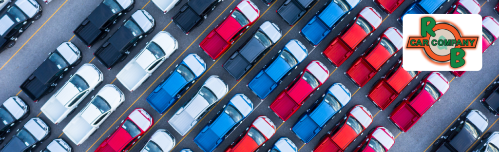 A lineup of used pickup trucks displayed at R&B Car Company, Fort Wayne, Indiana.